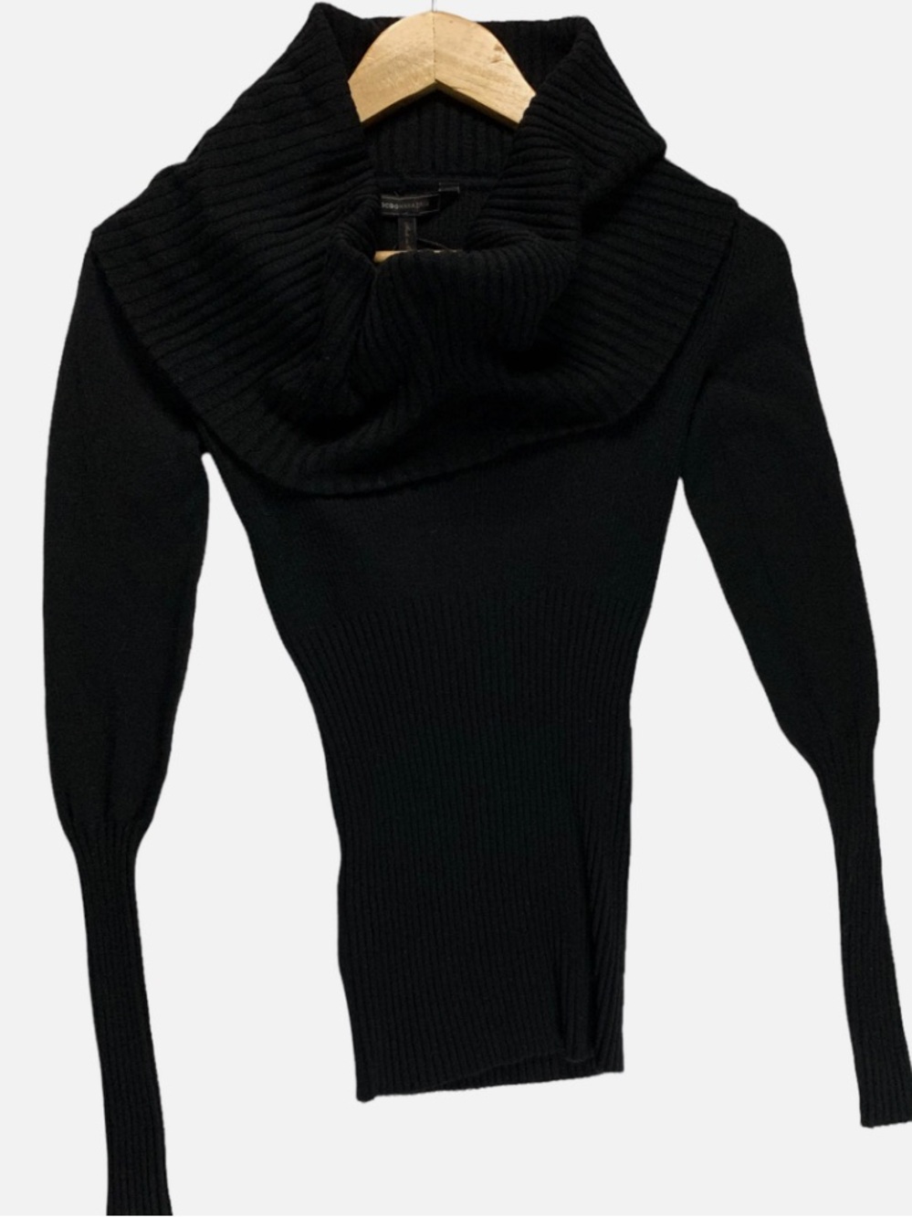BCBGMaxAzria Black Ribbed Cowlneck/Off Shoulder Sweater